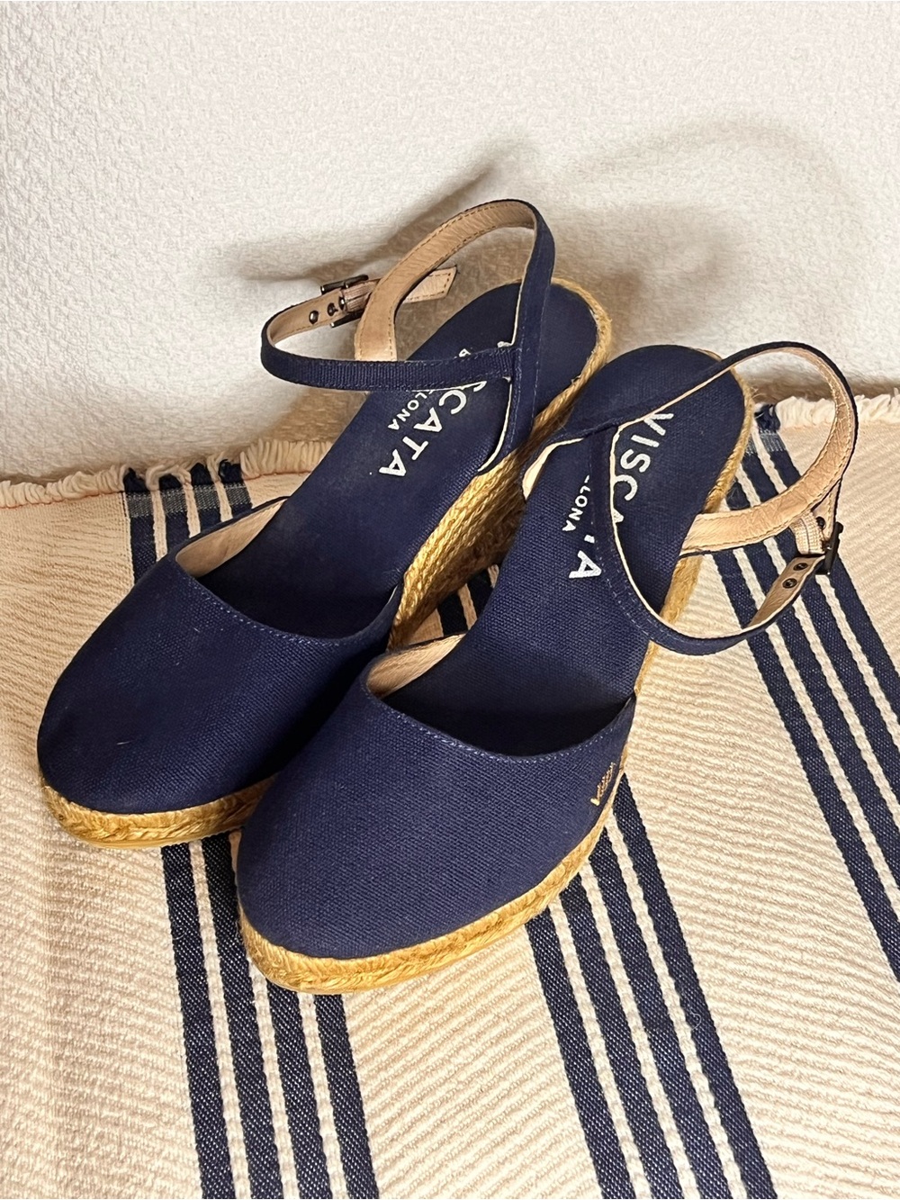 Viscata Barcelona Navy Canvas Espadrille Wedge Sandals with Ankle Strap